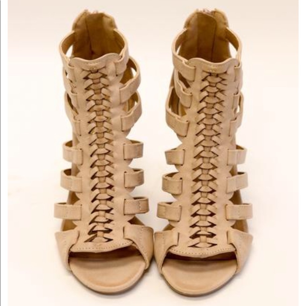 Caged and braided peep toe booties